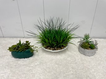 Three Low Potted Faux Grasses & Succulents