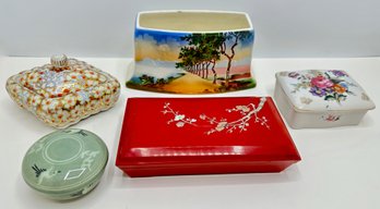 3 Covered Trinket Boxes, Hand Painted Vase & Lacquerware Jewelry Box With Mother Of Pearl, Mostly Japanese