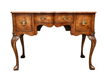 Antique Burl Wood Cabriole Desk With Cascading Acanthus Leaves And Brass Hardware