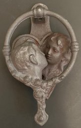 Vintage Kissing Couple Door Knocker - Cast Iron Edwardian Romantic - Roses - Heart Valentine - 5.25 Inches H