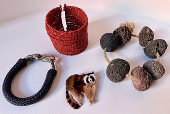 3 Bracelets: Natural Lava, Beaded, Rope & Raccoon Enameled Pin