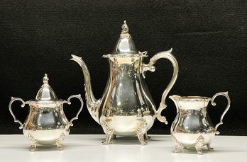 Wallace Silversmith's La Reine 1100 Coffee Pot, Creamer And Sugar Bowl