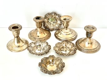 Four Sterling Heavy Salts & Four Sterling Candle Holders (LOC: F2)