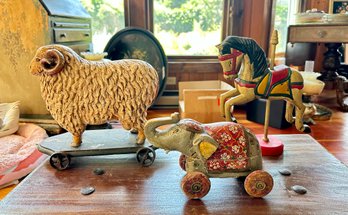 Ram Sheep Pull Toy On Wheels, Retro Christmas Horse, Hand Carved Wood Elephant Trinket Box On Wheels