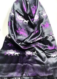 Vintage Silk Scarf Having Horse Drawn Coach Carriages Purple/white/black