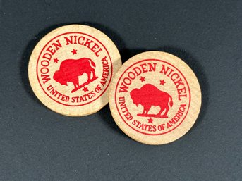 A Pair Of Wooden Nickels, Promotional Item From Lyman Orchards