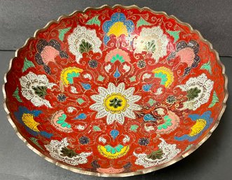 Vintage Multi Color Brass Cloisonne Floral - Centerpiece Decorative Bowl - 9.5 Diameter X 3.25 H