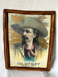 Hand Colored Engraved Poster Of BUFFALO BILL CODY In Fantastic Live Edge Wood Frame