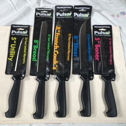 $180 Value - Five TRAMONTINA PULSAR Knives - Made In Brazil - French Cooks - Bread - Utility - Slicer - Boner