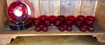 Vintage Ruby Red Cranberry Glass And Plate Set No Chips