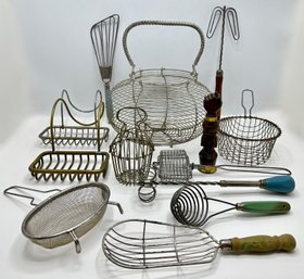 Vintage Wire Baskets, Soap Dishes, Kitchen Tools, Carved Wood Corkscrew & More
