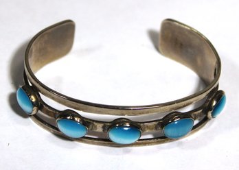 Interesting MCM Silver Tone Mexican Bracelet Having Blue Cabochon Stones Cuff