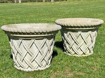 A Pair Of Cast Stone Basket Weave Planters By Campagna