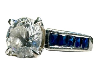 Sterling Silver 925 Faceted Clear Gem With Dark Blue Side Gems Ring