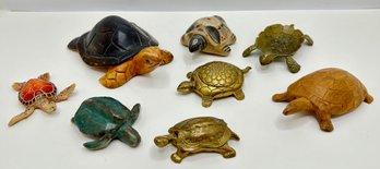 8 Turtles: Brass Trinket Boxes, Wood Figurines  & Others, Some Vintage