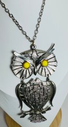 LARGE SILVER TONE YELLOW EYED OWL NECKLACE