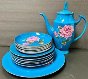 Lot Of Tableware - 1 Dinner Plate - 6 Dessert Plates - 5 Saucers - Coffee Pot - Blue With Pink Roses