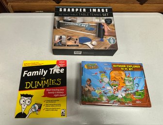 Sharper Image Retractable Table Tennis Set, Family Tree Dummies & Outdoor Explorer 19pc Kit. GS/ C2