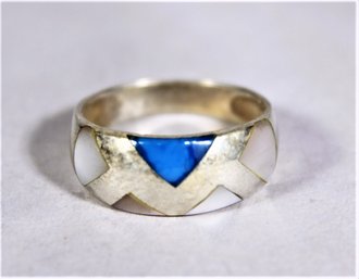 Sterling Silver Band Ring Having Turquoise & Mother Of Pearl Inlay Size 7