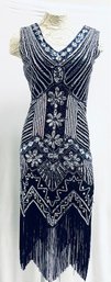 Black Flapper Style Dress W/ Beaded & Fringe Detail By Metime - Size Small