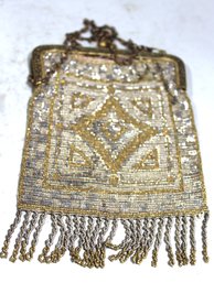 Antique French Metal And Glass Beaded Evening Bag Purse