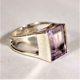 Sterling Silver And Large Amethyst Emerald Cut Ring Size 7.5