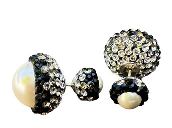 Stunning Pearl Earrings With Ombre Crystals & Adorned Earring Backs- Marked 925