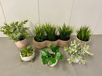 Varied Group Of Attractive Faux Potted Plants Including Triple Planter