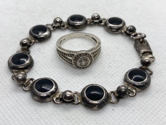 Sterling Silver Gemstone Ring And Onyx Inlay Panel Bracelet