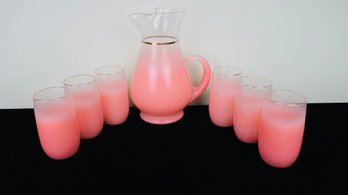 Vintage Blendo Frosted Glass Pitcher & 6 Tumblers Ombre Coral With Gold Trim