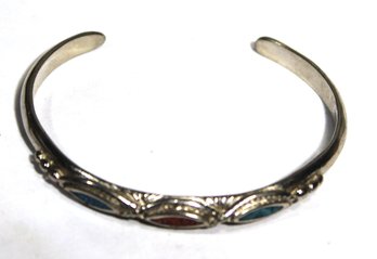 Vintage Silver Tone Southwestern Cuff Bracelet Crushed Coral & Turquoise