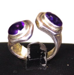 Very Fine Sterling Silver Ladies Ring Having Two Amethyst Stones Size 5.5