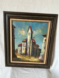 Fine Vintage Mid Century Modern Oil Painting Of A Village Church- Artist Signed In Period Frame