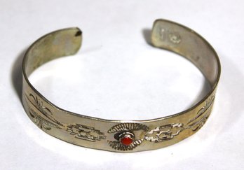 Vintage Southwestern Silver Tone Cuff Bracelet W Coral Stone Punch Decoration