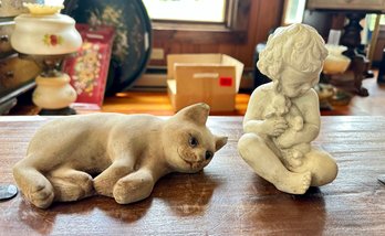 Vintage Door Stop Cute Concrete Cat With Striking Blue Eyes, Cute Carved Boy Holding Rabbit Home Decoration