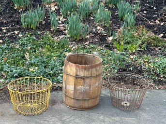 Vintage Metal Egg Baskets & Wooden Barrel