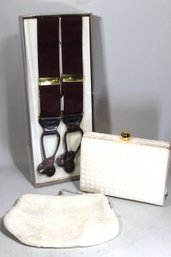 Lot Two White Purses And Vintage Never Worn Suspenders In Box