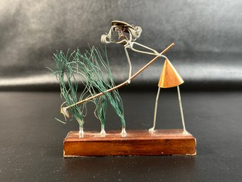 A Charming Female Gardener Sculpture In Wire & Copper With A Wooden Base