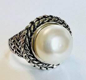 RHODIUM OVER STERLING SILVER LARGE WHITE FRESHWATER PEARL RING