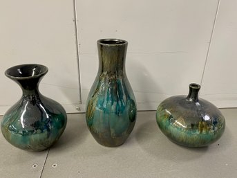 Three Ombre Teal & Green Ceramic Vases