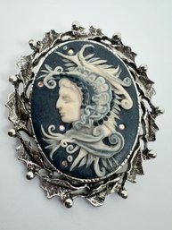 BEAUTIFUL SIGNED AL MOLDED CAMEO MYTHICAL SILVER TONE BROOCH