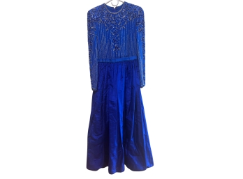 Fabulous Vintage Royal Blue Silk & Taffeta Sequined Formal Evening Gown With Metallic Microbeads - Size 8