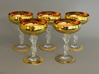 Set Of 5 Vintage Bayel Bacchante Frosted Nude Champagne Glasses