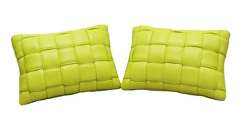 Pair Of Koff Mini Bright Lime Interwoven Pebble Leather Rectangular Accent Pillows  $325 - Each