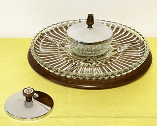 Sculptura By Kromex Walnut Trim Lazy Susan Divided Glass Plate & Lidded Center Bowl With Extra Lid