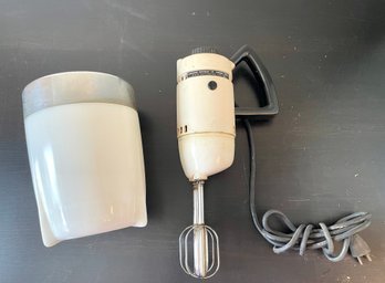 Vintage Manning Bowman & Co. Hand Mixer With Chrome Rimmed Milk Glass Bowl, Model 580
