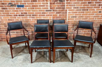 Set Of 6 Mid Century Modern Walnut & Black Vinyl Dining Chairs