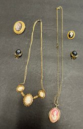 Antique & Vintage Cameos Victorian Pins, Pendant Chain, Necklace And Ear Rings. JJ/A3