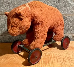 Antique Teddy Bear Pull Toy On Wheels