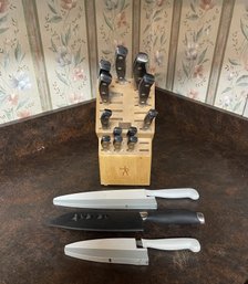 Mixed Lot Of Henkels Knives In Block And Three Others One Of Which Is Santoku Analon